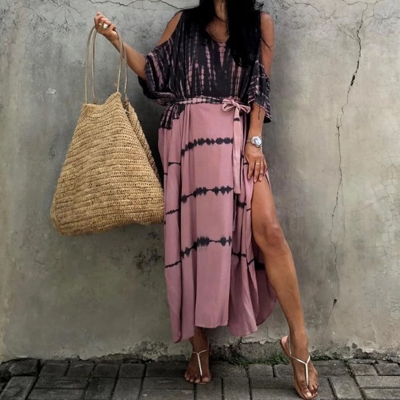 SOLD OUT Tie Dye Cold Shoulder Coverup Maxi Dress - Picture 4 of 8